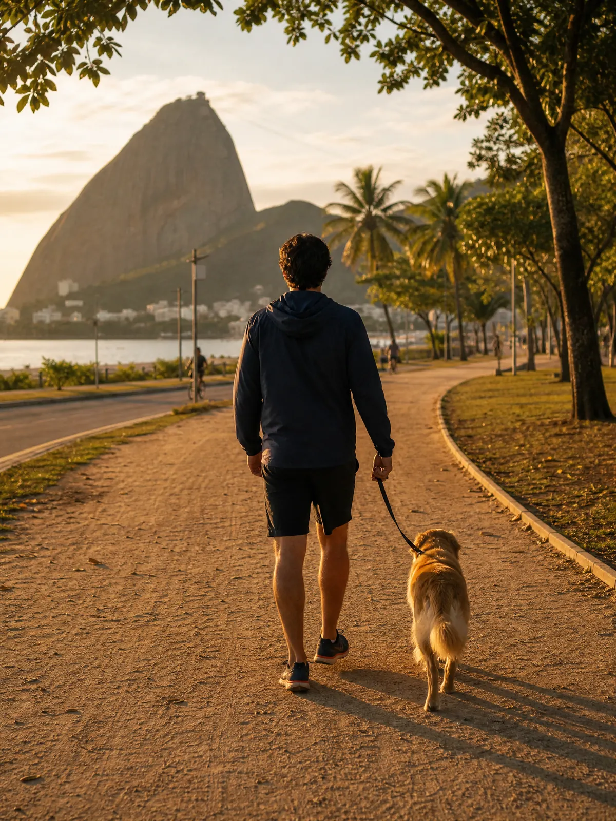 Tutor passeando com o cachorro num parque ao fim da tarde
